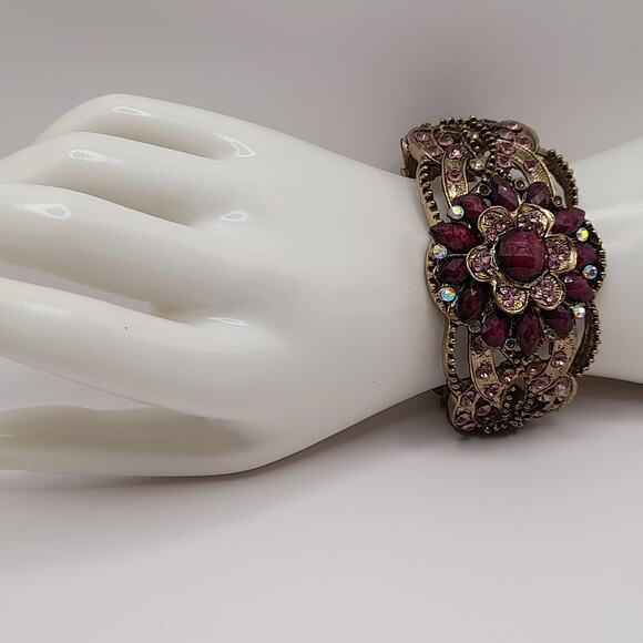 Purple Pink Rhinestone Hinged Bracelet, Victorian Style, 6 1/2 Inches - Picture 12 of 14